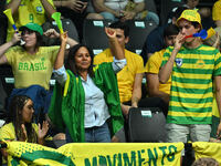 Fans in Brazil during the 2024 Davis Cup Finals Group Stage match between the Netherlands and Brazil at Unipol Arena in Bologna, Italy, on S...