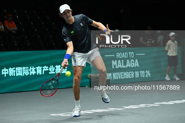 Joao Fonseca (BRA) competes during the 2024 Davis Cup Finals Group Stage Bologna match between the Netherlands and Brazil at Unipol Arena in...