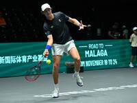 Joao Fonseca (BRA) competes during the 2024 Davis Cup Finals Group Stage Bologna match between the Netherlands and Brazil at Unipol Arena in...