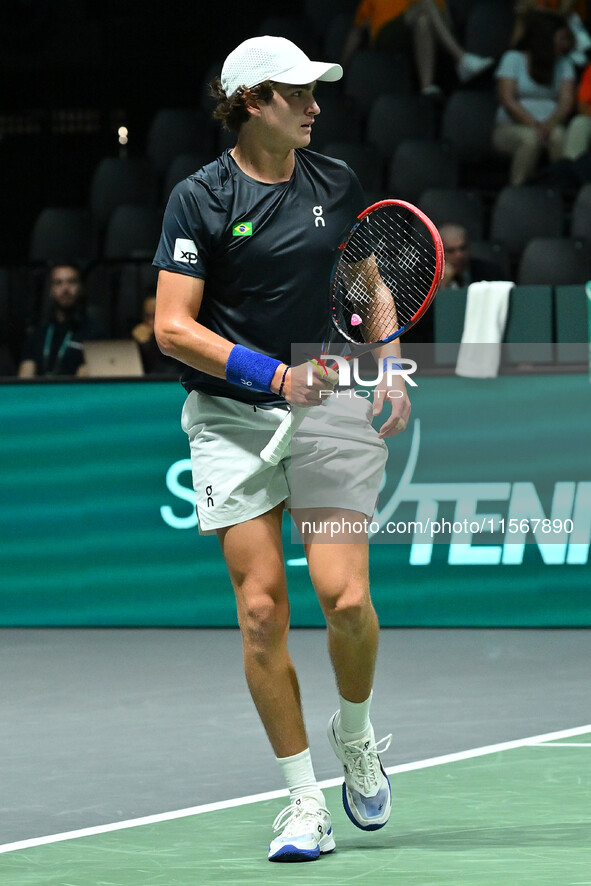 Joao Fonseca (BRA) competes during the 2024 Davis Cup Finals Group Stage Bologna match between the Netherlands and Brazil at Unipol Arena in...