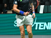 Joao Fonseca (BRA) competes during the 2024 Davis Cup Finals Group Stage Bologna match between the Netherlands and Brazil at Unipol Arena in...