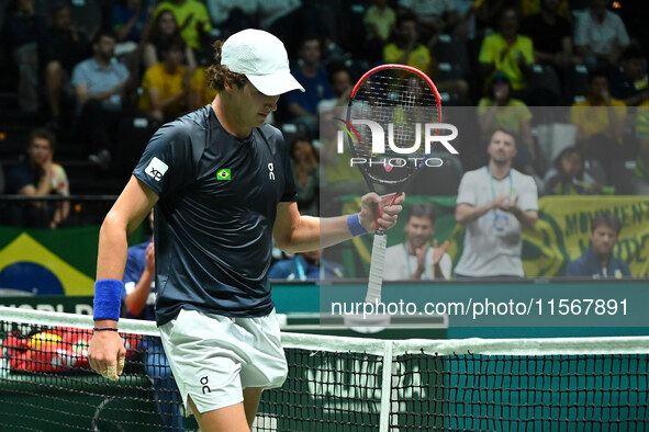 Joao Fonseca (BRA) competes during the 2024 Davis Cup Finals Group Stage Bologna match between the Netherlands and Brazil at Unipol Arena in...