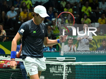 Joao Fonseca (BRA) competes during the 2024 Davis Cup Finals Group Stage Bologna match between the Netherlands and Brazil at Unipol Arena in...