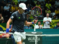 Joao Fonseca (BRA) competes during the 2024 Davis Cup Finals Group Stage Bologna match between the Netherlands and Brazil at Unipol Arena in...