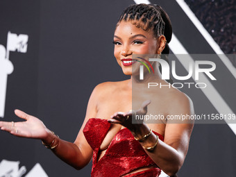 Halle Bailey arrives at the 2024 MTV Video Music Awards held at UBS Arena on September 11, 2024 in Elmont, New York, United States. (