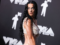 Katy Perry wearing Who Decides War arrives at the 2024 MTV Video Music Awards held at UBS Arena on September 11, 2024 in Elmont, New York, U...