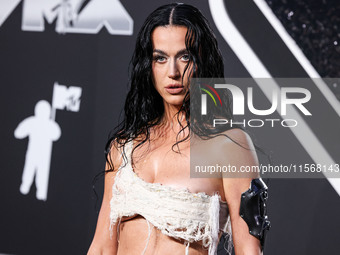 Katy Perry wearing Who Decides War arrives at the 2024 MTV Video Music Awards held at UBS Arena on September 11, 2024 in Elmont, New York, U...