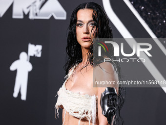 Katy Perry wearing Who Decides War arrives at the 2024 MTV Video Music Awards held at UBS Arena on September 11, 2024 in Elmont, New York, U...