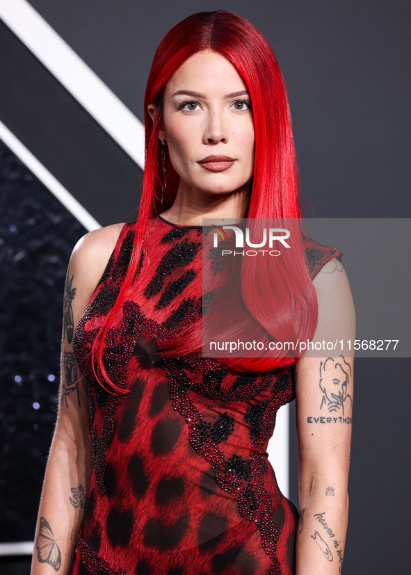 Halsey wearing vintage Versace arrives at the 2024 MTV Video Music Awards held at UBS Arena on September 11, 2024 in Elmont, New York, Unite...