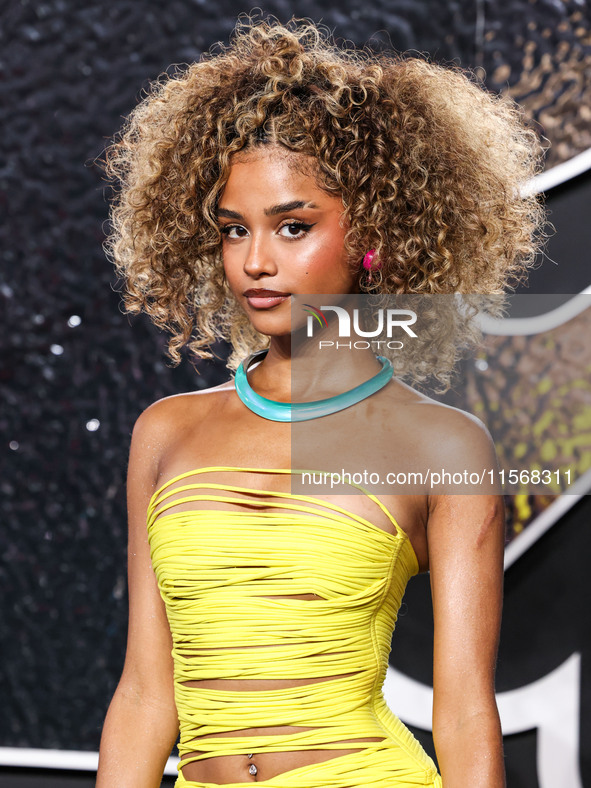 Tyla Laura Seethal wearing Area arrives at the 2024 MTV Video Music Awards held at UBS Arena on September 11, 2024 in Elmont, New York, Unit...