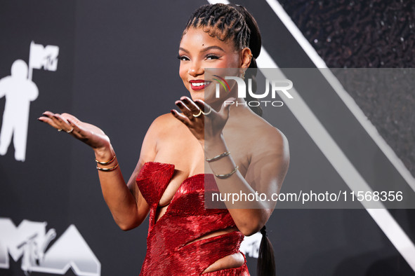 Halle Bailey arrives at the 2024 MTV Video Music Awards held at UBS Arena on September 11, 2024 in Elmont, New York, United States. 