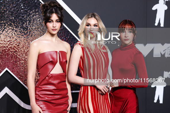 Alejandra Villarreal Velez, Daniela Villarreal Velez and Paulina Villarreal Velez of The Warning arrive at the 2024 MTV Video Music Awards h...