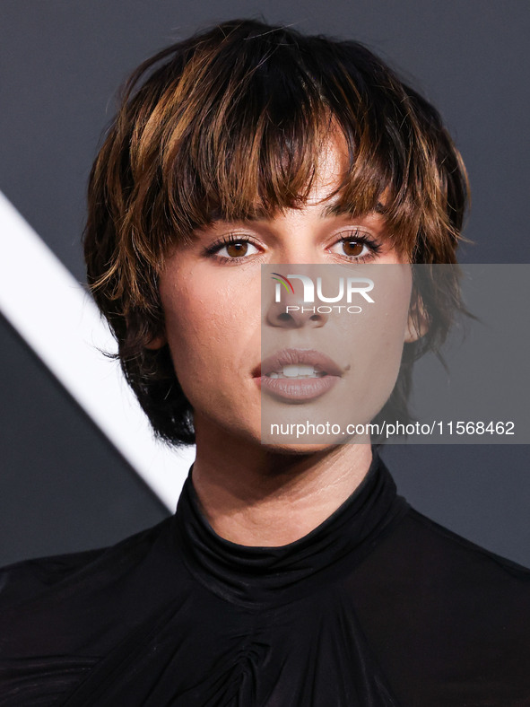 Naomi Scott arrives at the 2024 MTV Video Music Awards held at UBS Arena on September 11, 2024 in Elmont, New York, United States. 