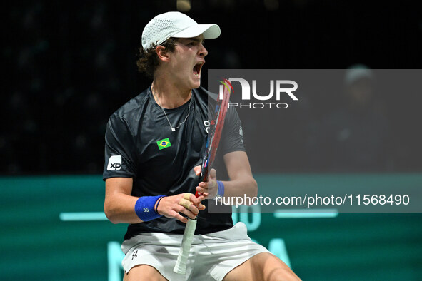 Joao Fonseca (BRA) competes during the 2024 Davis Cup Finals Group Stage Bologna match between the Netherlands and Brazil at Unipol Arena in...