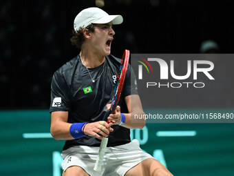 Joao Fonseca (BRA) competes during the 2024 Davis Cup Finals Group Stage Bologna match between the Netherlands and Brazil at Unipol Arena in...