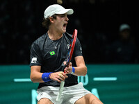 Joao Fonseca (BRA) competes during the 2024 Davis Cup Finals Group Stage Bologna match between the Netherlands and Brazil at Unipol Arena in...