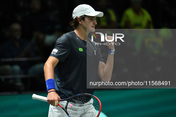 Joao Fonseca (BRA) competes during the 2024 Davis Cup Finals Group Stage Bologna match between the Netherlands and Brazil at Unipol Arena in...