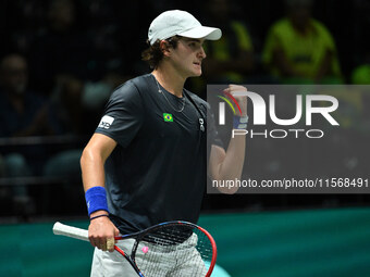 Joao Fonseca (BRA) competes during the 2024 Davis Cup Finals Group Stage Bologna match between the Netherlands and Brazil at Unipol Arena in...