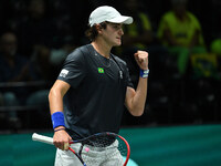 Joao Fonseca (BRA) competes during the 2024 Davis Cup Finals Group Stage Bologna match between the Netherlands and Brazil at Unipol Arena in...