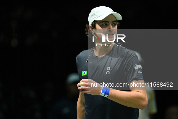 Joao Fonseca (BRA) competes during the 2024 Davis Cup Finals Group Stage Bologna match between the Netherlands and Brazil at Unipol Arena in...