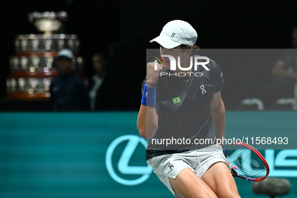 Joao Fonseca (BRA) competes during the 2024 Davis Cup Finals Group Stage Bologna match between the Netherlands and Brazil at Unipol Arena in...