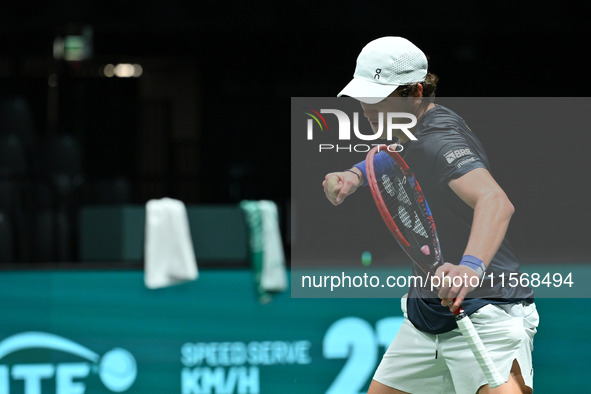 Joao Fonseca (BRA) competes during the 2024 Davis Cup Finals Group Stage Bologna match between the Netherlands and Brazil at Unipol Arena in...