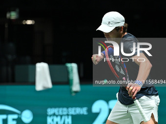 Joao Fonseca (BRA) competes during the 2024 Davis Cup Finals Group Stage Bologna match between the Netherlands and Brazil at Unipol Arena in...