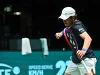 Joao Fonseca (BRA) competes during the 2024 Davis Cup Finals Group Stage Bologna match between the Netherlands and Brazil at Unipol Arena in...