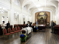 Ukrainian Jews, relatives, and friends attend a farewell ceremony for the late Ukrainian serviceman Matisyahu (Anton) Samborskiy at the Cent...