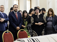 Ukrainian Jews, relatives, and friends attend a farewell ceremony for late Ukrainian serviceman Matisyahu (Anton) Samborskiy at the Central...