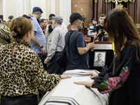 Ukrainian Jews, relatives, and friends attend a farewell ceremony for the late Ukrainian serviceman Matisyahu (Anton) Samborskiy at the Cent...