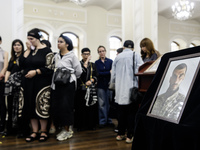 Ukrainian Jews, relatives, and friends attend a farewell ceremony for the late Ukrainian serviceman Matisyahu (Anton) Samborskiy at the Cent...