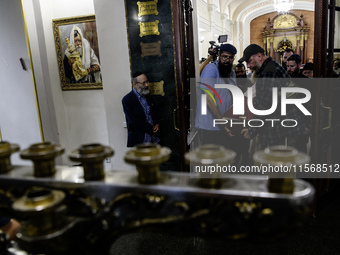 Ukrainian Jews, relatives, and friends attend a farewell ceremony for the late Ukrainian serviceman Matisyahu (Anton) Samborskiy at the Cent...