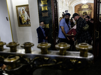 Ukrainian Jews, relatives, and friends attend a farewell ceremony for the late Ukrainian serviceman Matisyahu (Anton) Samborskiy at the Cent...