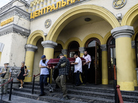 Ukrainian Jews, relatives, and friends attend a farewell ceremony for the late Ukrainian serviceman Matisyahu (Anton) Samborskiy at the Cent...