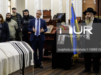 Ambassador of Israel to Ukraine Michael Brodsky (2R) attends a farewell ceremony for late Ukrainian serviceman Matisyahu (Anton) Samborskiy...