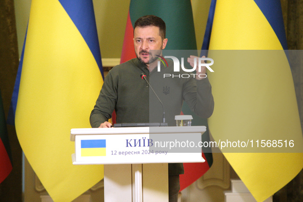 President of Ukraine Volodymyr Zelenskyy speaks during a joint press conference with President of Lithuania Gitanas Nauseda in Kyiv, Ukraine...