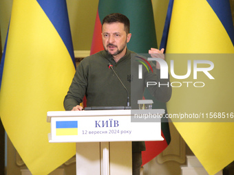 President of Ukraine Volodymyr Zelenskyy speaks during a joint press conference with President of Lithuania Gitanas Nauseda in Kyiv, Ukraine...