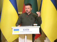 President of Ukraine Volodymyr Zelenskyy speaks during a joint press conference with President of Lithuania Gitanas Nauseda in Kyiv, Ukraine...