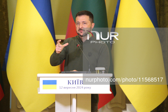 President of Ukraine Volodymyr Zelenskyy speaks during a joint press conference with President of Lithuania Gitanas Nauseda in Kyiv, Ukraine...