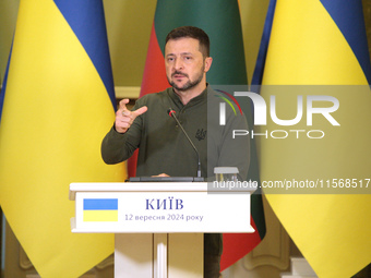 President of Ukraine Volodymyr Zelenskyy speaks during a joint press conference with President of Lithuania Gitanas Nauseda in Kyiv, Ukraine...