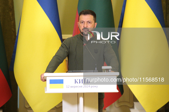 President of Ukraine Volodymyr Zelenskyy is seen during a joint press conference with President of Lithuania Gitanas Nauseda in Kyiv, Ukrain...