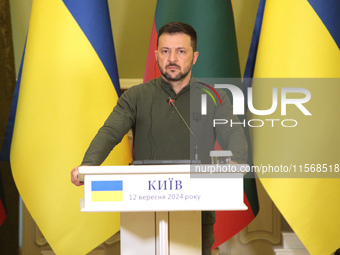 President of Ukraine Volodymyr Zelenskyy is seen during a joint press conference with President of Lithuania Gitanas Nauseda in Kyiv, Ukrain...