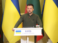 President of Ukraine Volodymyr Zelenskyy is seen during a joint press conference with President of Lithuania Gitanas Nauseda in Kyiv, Ukrain...