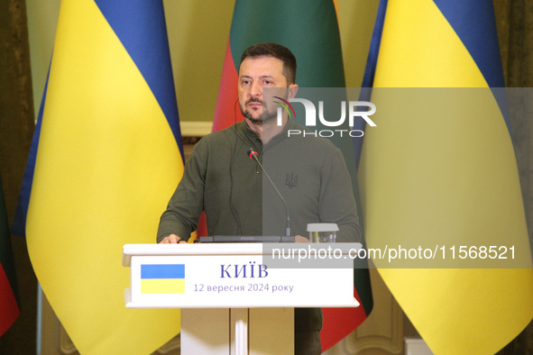 President of Ukraine Volodymyr Zelenskyy is seen during a joint press conference with President of Lithuania Gitanas Nauseda in Kyiv, Ukrain...