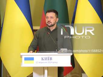 President of Ukraine Volodymyr Zelenskyy is seen during a joint press conference with President of Lithuania Gitanas Nauseda in Kyiv, Ukrain...