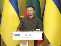 President of Ukraine Volodymyr Zelenskyy is seen during a joint press conference with President of Lithuania Gitanas Nauseda in Kyiv, Ukrain...