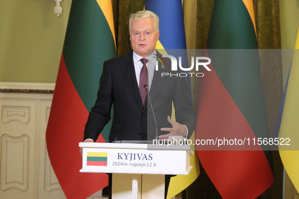 President of Lithuania Gitanas Nauseda speaks during a joint press conference with President of Ukraine Volodymyr Zelenskyy in Kyiv, Ukraine...