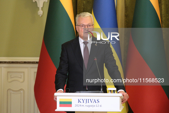 President of Lithuania Gitanas Nauseda is seen during a joint press conference with President of Ukraine Volodymyr Zelenskyy in Kyiv, Ukrain...