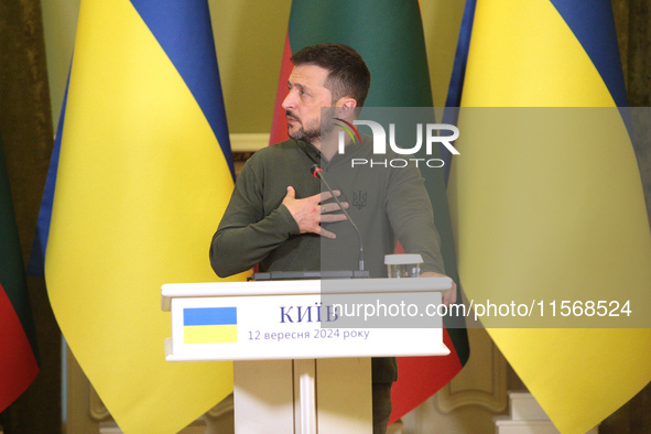 President of Ukraine Volodymyr Zelenskyy is seen during a joint press conference with President of Lithuania Gitanas Nauseda in Kyiv, Ukrain...